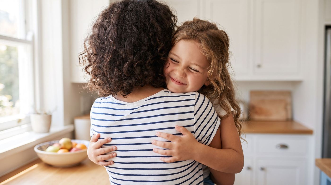 A parent and young daughter sharing a hug at home